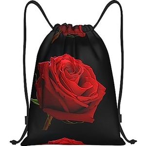Ousika Rode Rose Zwarte Achtergrond Gedrukte Trekkoord Rugzak Bag Waterbestendig Lichtgewicht Gym Sackpack Voor Wandelen Reizen, Zwart, Small