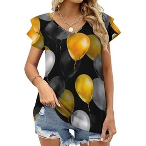 Luxe ballonnen in goud zilver en zwart grafische blouse top voor vrouwen V-hals tuniek top korte mouw volant T-shirt grappig
