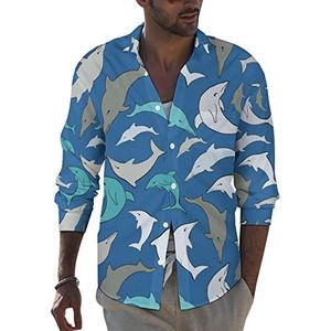 Blue Sea Dolphins heren revers shirt met lange mouwen button down print blouse zomer zak T-shirts tops 4XL