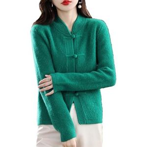 Vintage Chinese Cardigan for Dames, Dikke Gebreide Trui Met Opstaande Kraag en Knoopsluiting(Green,XXL)