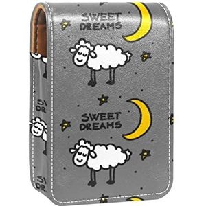 Draagbare Lipstick Case voor op reis, Mini Lipstick Opbergdoos met spiegel voor vrouwen dames, Lederen cosmetische Pouch Bedtime schapen patroon met grijze achtergrond, Meerkleurig, 9.5x2x7 cm/3.7x0.8x2.7 in