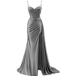 KURFACE Satijnen galajurken voor dames met split kant applicatie spaghettibandjes beroemdheden optocht jurk formele jurk, Grijs, 32