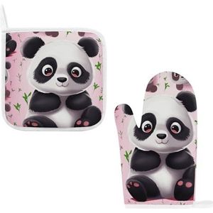 Leuke panda-ovenwanten en pannenlappen, geïsoleerde handschoenen, hete pads, hittebestendige ovenhandschoenen, pannenlap voor keuken, koken, bakken, grillen (2-delige set)