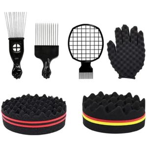Haarsponsset, Magic Hair Twist Curl Spons Handschoen, Afro Haar Spons Kapper Borstel, Metalen Haar Pick Kam en Haar Twist Curl Kam voor Kapper Haar Styling (Zwart-6 Stks)