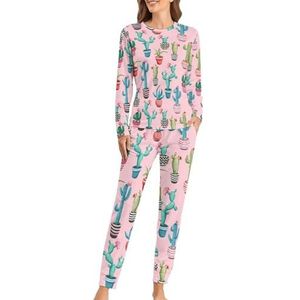Cactussen Bloem Zachte Dames Pyjama Lange Mouw Warm Fit Pyjama Loungewear Sets met Zakken 3XL