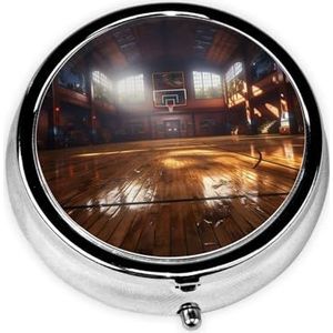 Pillendoosje met spiegel, retro pillendoosje met 3 vakken, basketbalveld, kleine pillenorganizer voor portemonnee of zak, decoratieve metalen medicijnen, vitamine-organizer, unieke geschenken