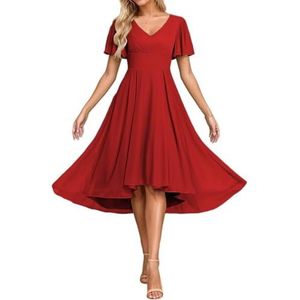 Korte Mouw Bruidsmeisje Jurken voor Bruiloft Hoge Lage Chiffon Formele Avond Party Maxi Gown Thee Lengte AH156, Rood, 32