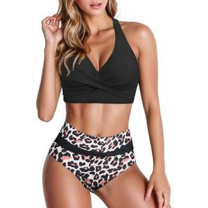 Bikini Dames Buik Controle Tweedelig Badpak V Hals Push Up Badmode Hoge Taille Bloemenprint Badmode Zomer Plus Size Badpak Top + Zwemshorts(Black,XX-Large)