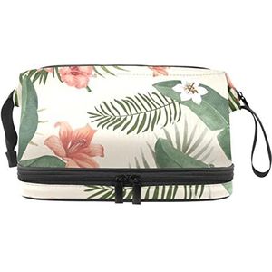 Grote capaciteit reizen cosmetische tas,Tropisch gebladerte rood wit bloemen, make-up tas, waterdichte make-up tas organisator, Meerkleurig, 27x15x14 cm/10.6x5.9x5.5 in