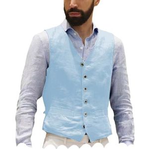 Tuikayoo Zomervest voor heren, linnen, vest, bruiloft, retro, casual, plat, linnen, effen vest, lichtblauw, XL