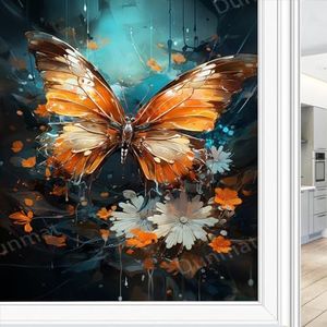 Kleurrijke privacyfolie, vlinder, raam, eenvoudige bloem, natuur, dier, glas-in-loodfolie, decoratieve raamfolie, hechtende folie voor thuis, raam en glazen deur, zonwering, 90 x 140 cm