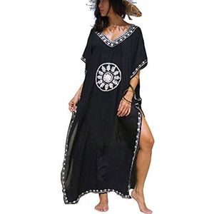 YouKD Zomer Katoen Geborduurd Bloemen Losse Caftan Boho Strand Bikini Cover-up Jurk Plus Size Gewaad voor Vrouwen