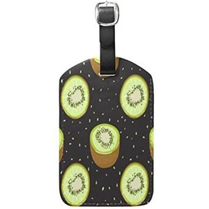 Fruit Kiwi Cartoon Zwarte kofferhanger met adresplaat, grappig leer bagagelabel ID label met naambordje voor reiskoffer tas (3 stuks), Patroon., Medium