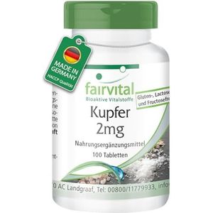 Fairvital | Koper tabletten 2mg - HOOG GEDOSEERD - koper bisglycinaat voedingssupplementen - VEGAN - 100 tabletten