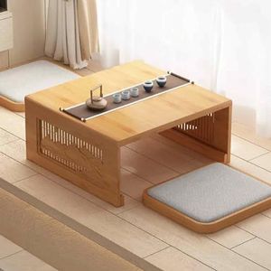 Vloertheetafel, lage speeltafel om op de vloer te zitten, volledig Nan bamboepaneel, hol snijwerk, stabiele structuur, opvouwbaar ontwerp, L60/70/80 cm, B60/70/80 cm, H30 cm