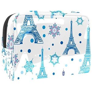 Blauwe Parijs Eiffeltoren Sneeuwvlok Print Reizen Cosmetische Tas voor Vrouwen en Meisjes, Kleine Waterdichte Make-up Tas Rits Pouch Toiletry Organizer, Meerkleurig, 18.5x7.5x13cm/7.3x3x5.1in, Modieus