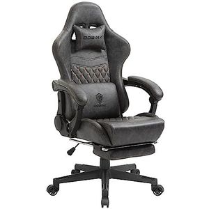Dowinx verstelbare gaming chair PC-bureaustoel met voetsteun, game stoel met massage-lendensteun, ergonomische PU-gamingstoel met hoofdsteun (Grijs)