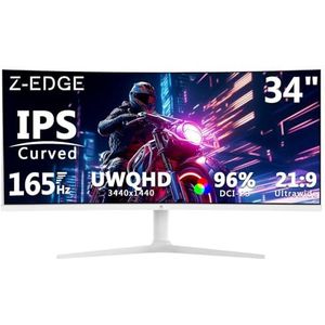 Z-Edge 34'' Gebogen Gamingmonitor Witte, 3440x1440, IPS, 165Hz (DP1.4×2), 1 ms, 21:9, Hoogte Verstelbaar/Kantelbaar, Roterend, 100Hz (HDMI2.0×2), FreeSync, VESA (DP-kabel meegeleverd)