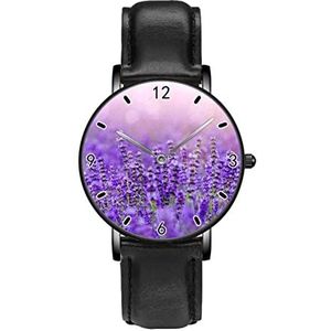 Violet Lavendel Veld Persoonlijkheid Zakelijke Casual Horloges Mannen Vrouwen Quartz Analoge Horloges, Zwart