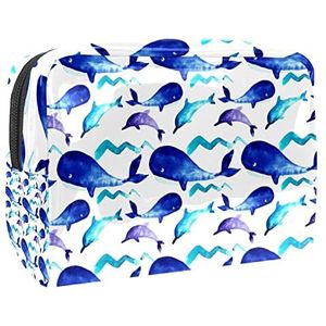Aquarel Blauwe Walvis Dolfijn Print Reizen Cosmetische Tas voor Vrouwen en Meisjes, Kleine Waterdichte Make-up Tas Rits Pouch Toiletry Organizer, Meerkleurig, 18.5x7.5x13cm/7.3x3x5.1in, Modieus