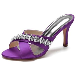 SYDZSW Ivoor trouwschoenen met naaldhak, bruidsschoenen, hoge hakken, satijn, sandaal, riem met strass, 35-42, Donker Paars, 35 EU