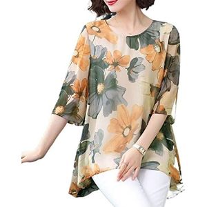 HJUGHPN Damesblouse voor dames, lang los shirt voor dames, O-kraag, dun, chiffon, shirt met print, Groen, XL