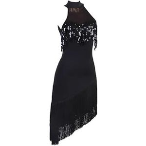 Fringe Latin Dansjurken Voor Vrouwen Hoge Kraag Cha Cha Competitie Kostuums Mouwloze Balzaal Dansende Jurk Backless Tango Dansende Outfit,zwart,M
