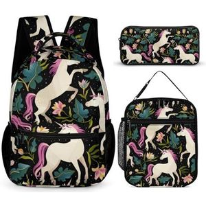 Fairy Forest Eenhoorns Print Rugzak Set Reizen Laptop Rugzak met Lunch Tas En Potlood Tas