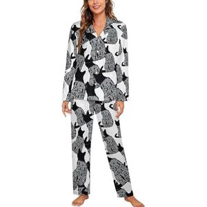 Zwarte kat kunst lange mouw pyjama sets voor vrouwen klassieke nachtkleding nachtkleding zachte pyjama lounge sets