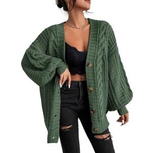 Dikke Vesten Voor Dames, Grote Maten, Kabelgebreid Lang Vest Open Voorkant Ballonmouwen Dames V-Hals Trui Jas Herfst Winter Warm Gebreide Jas Jumper Bovenkleding, Donkergroen, One Size Fit S, Xl