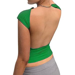 SMIMGO Sexy crop top met open rug voor dames, zomer korte mouwen, effen kleur T-shirt, bijgesneden top, Y2K esthetische streetwear (kleur: Groen, maat: S)