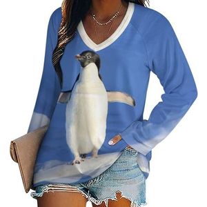 Pinguïn dames casual T-shirts met lange mouwen V-hals bedrukte grafische blouses Tee Tops 4XL