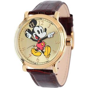 Disney Mickey Mouse horloge voor heren met zwarte band, Donkerbruin leer