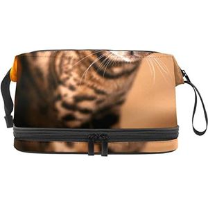 Grote capaciteit reizen cosmetische tas,Kat op oranje bank,Make-up tas,Waterdichte make-up tas organisator, Meerkleurig, 27x15x14 cm/10.6x5.9x5.5 in