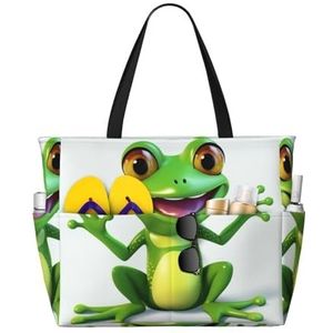 DJHVJS Japanse Lente Pruim Bloemen Gedrukt Grote Strand Tas Mode Zip Handtas Dames Tote Bag, Groene Kikker, Eén maat