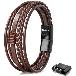 Malinsi Armband Heren - Bruin Snoeren - RVS en Leer - 20 cm + 2 cm Verlengstuk - Armbandje Mannen