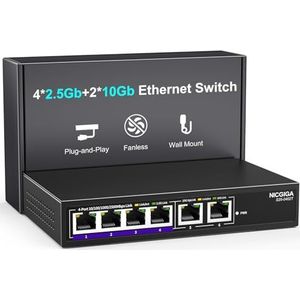 10 Gbe Ethernet-schakelaar, onbeheerd, met 2 x 10 Gb RJ45-poorten, 4 x 2,5 Gb Base-T-poorten, desktop-/wandmontage, NICGIGA 6-poorten, 10G netwerkswitch voor draadloze AP, NAS, pc