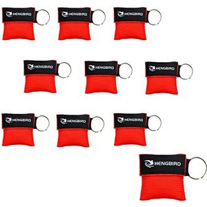 HENGBIRD 10 stuks beademingsmasker, sleutelhanger, CPR gezichtsschild, eerste hulp, beademingsmaskers voor volwassenen en kinderen, nooddoek, zakmasker voor eerste hulp of AED-training, rood