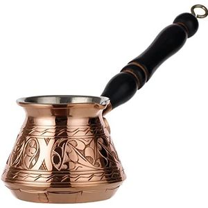 DEMMEX 9oz Dikke 2mm Koper Turkse Griekse Arabische Gegraveerde Koffiepot Kookplaat Koffiezetapparaat Cezve Ibrik Briki met Houten Handvat & Houten Pot Lepel, voor 3 personen (koper)