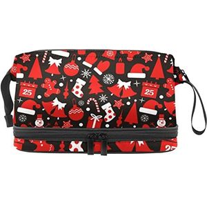 Grote capaciteit reizen cosmetische tas,Rode kerst sneeuwpop handschoen hoed patroon, make-up tas, waterdichte make-up tas organisator, Meerkleurig, 27x15x14 cm/10.6x5.9x5.5 in