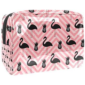 Draagbare Make-up Tas met Rits Reizen Toilettas voor Vrouwen Handige Opslag Cosmetische Pouch Flamingo Streep Roze