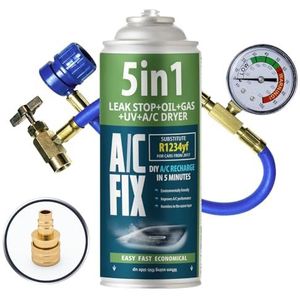 AC FIX 5-in-1 – R1234yf + Slang + Adapter Koelmiddel voor auto-airconditioning met olie, afdichtmiddel, UV-kleurstof, droogmiddel – Snelle toepassing – Beschermt de compressor