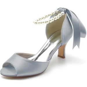 Dames Satijnen Peep Toe Sandalen met Hak Parels Enkelband Trouwschoenen voor Bruid Avondfeestjurk Pumps,Zilver,36 EU