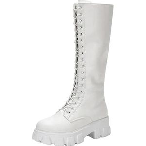 Geeylly Veterschoenen Platform Hak Knie Hoge Laarzen Lug Sole Combat Boots, Wit, 41 EU