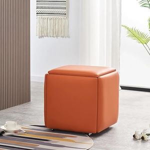 5 in 1 Nesting Ottoman Cube Chair, stapelbare krukjes, Faux PU kleine vierkante voetsteun krukjes, voetenbankje met wielen voor woonkamer, eetkamer(Orange,35 * 35 * 35CM)