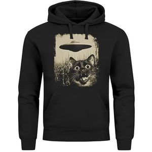 Neverless® Hoodie heren UFO kat Alien print hoodie met opdruk voor mannen fashion streetstyle, Kat Alien Ufo Frontprint Zwart, XL