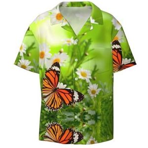 Vlinder op madeliefje bloemenprint herenoverhemden atletisch slim fit korte mouw casual zakelijk overhemd met knopen, Zwart, 4XL