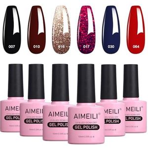 AIMEILI Semi-permanente nagellak, 6 stuks x 10 ml, zwart, wijnrood, blauw, glitter, zonder HEMA, set nagellak, gel, soak-off, UV, LED, manicure, Kerstmis, set 21