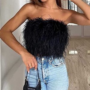 Vrouwen Sexy Bont Feather Tube Tops Vest Sling, Mouwloze Solid Mesh Multi Lagen Cocktail BH, Slim Fit Open Back Pluizy Tube Top