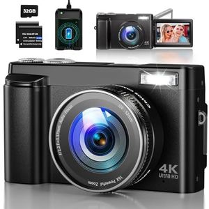 Digitale camera 4K, 48 MP autofocus vlogcamera met 32 GB kaart, oplaadbare digitale camera met 3,0 inch (7,6 cm) 180° draaibaar scherm, 16x digitale zoom voor tieners, beginners en volwassenen, zwart